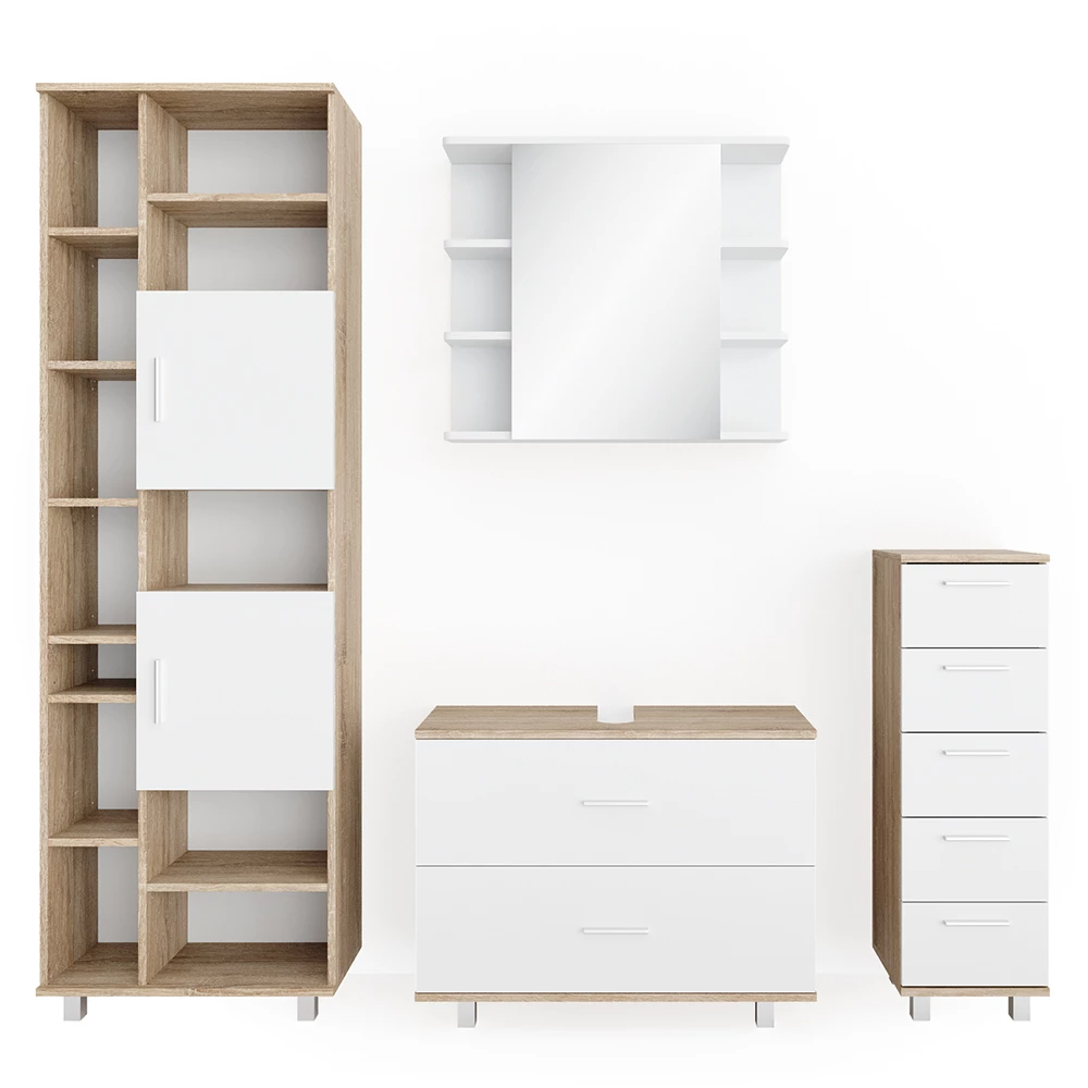Badmöbel-Set Ilias Weiß/Sonoma 4 Teile, mit Hochschrank Vicco
