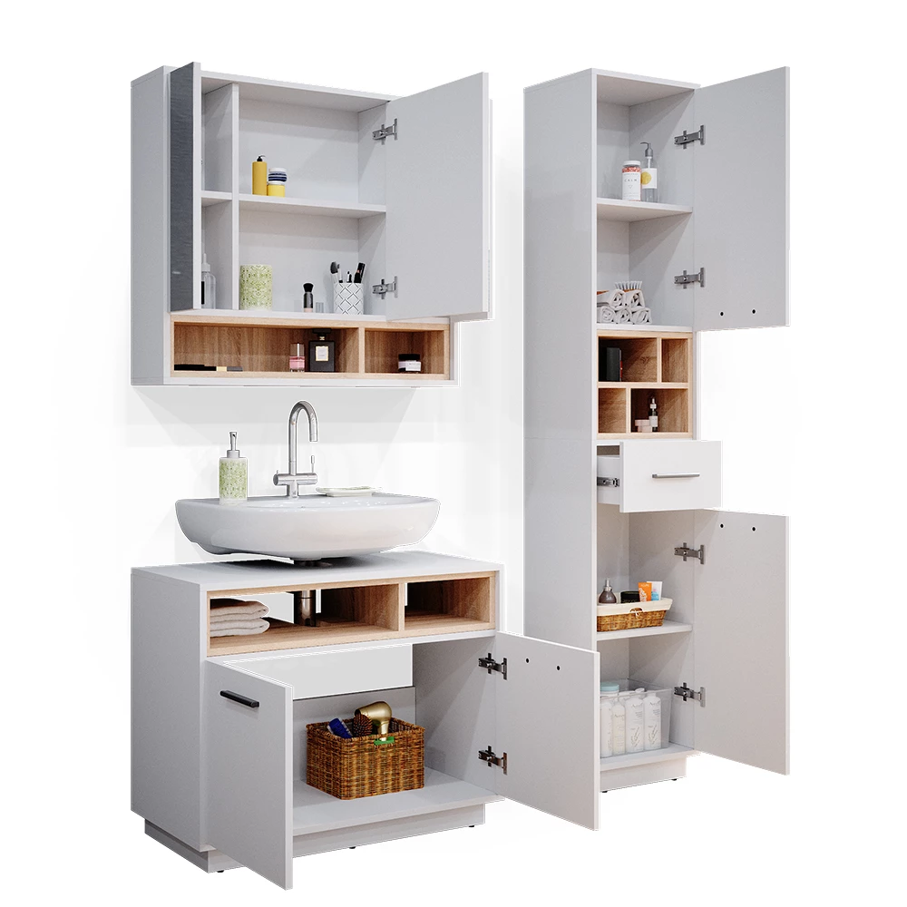 Badmöbel-Set Beatrice Weiß 3 Teile, mit Hochschrank Vicco