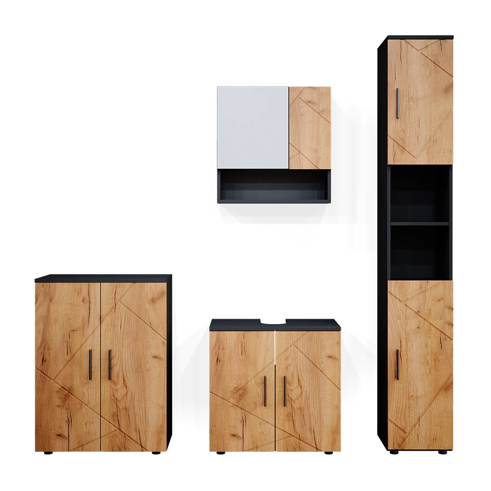 Badmöbel-Set Irma Goldkraft Eiche/Anthrazit 4 Teile, mit Hochschrank und Kommode Vicco