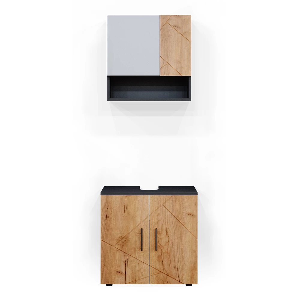 Badmöbel-Set Irma Goldkraft Eiche/Anthrazit 2 Teile, Unterschrank 60 cm Vicco