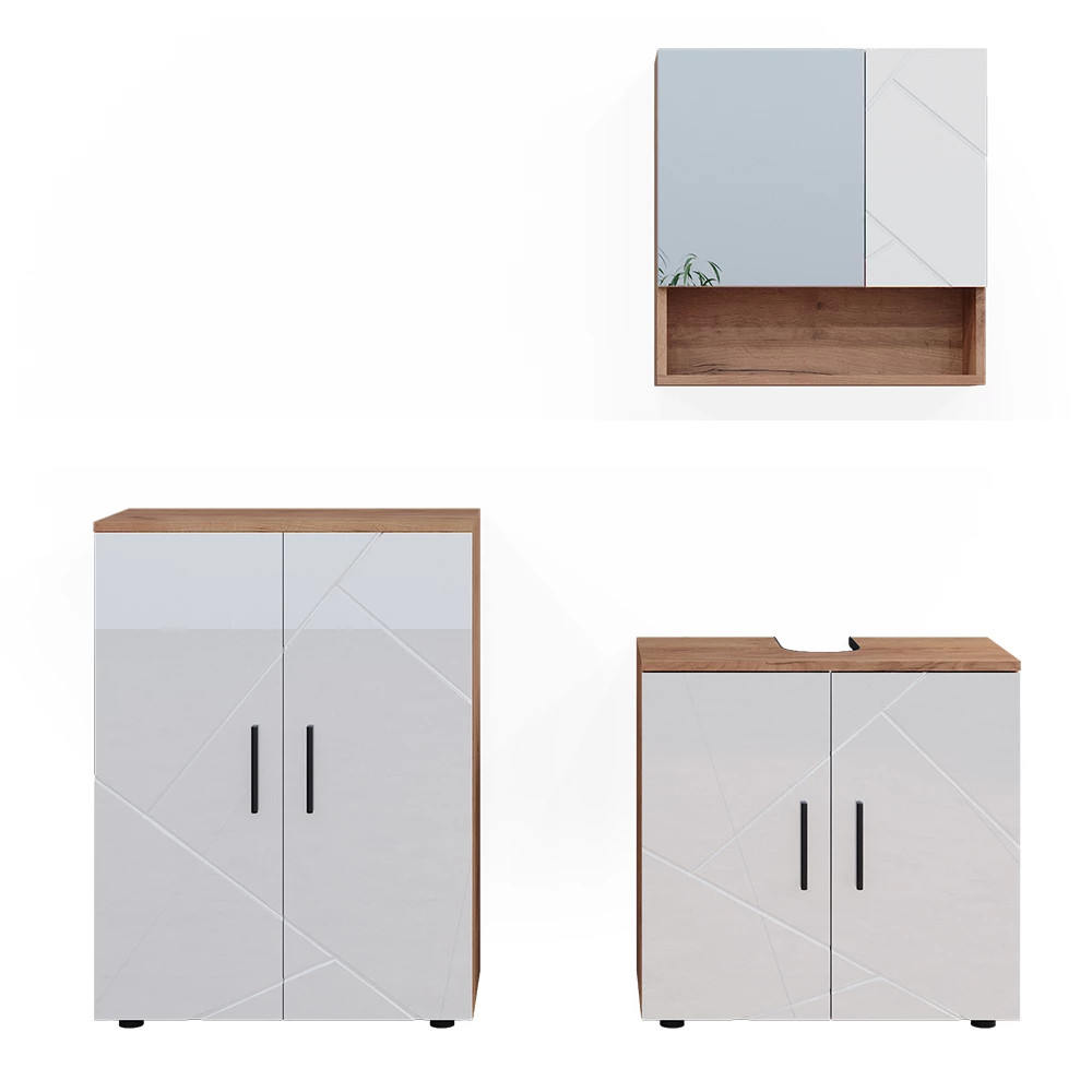 Badmöbel-Set Irma Weiß Hochglanz/Goldkraft Eiche 3 Teile, mit Unterschrank 60 cm Vicco