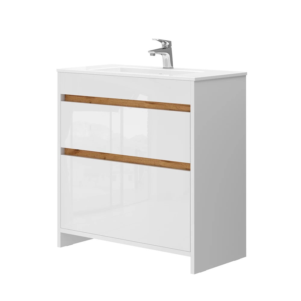 Waschbeckenunterschrank Detmold Weiß Hochglanz/Goldkraft Eiche 2 Teile, Unterschrank 80 cm Vicco