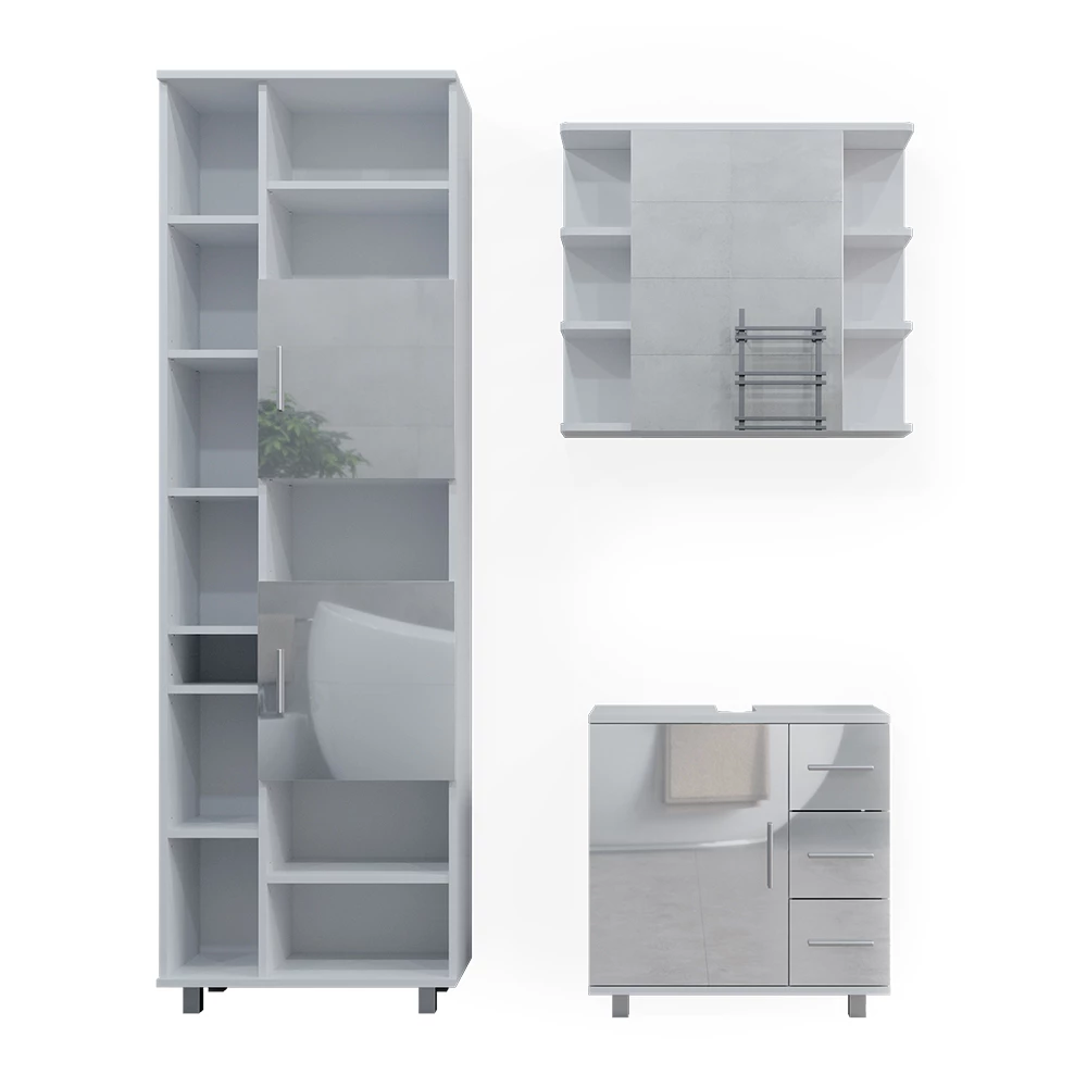 Badmöbel-Set Ilias Weiß Hochglanz 3 Teile, mit Hochschrank Vicco