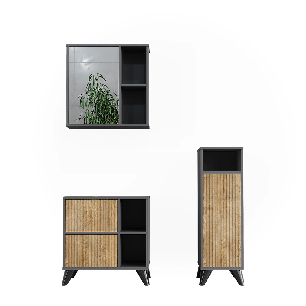Badmöbel-Set Leano Anthrazit/Bergeiche 3 Teile Vicco