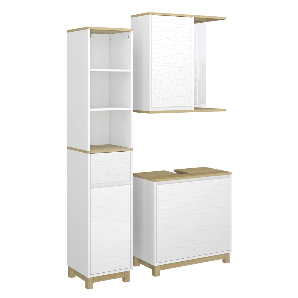 Badmöbel-Set Livia Weiß/Eiche 3 Teile, mit Hochschrank Vicco