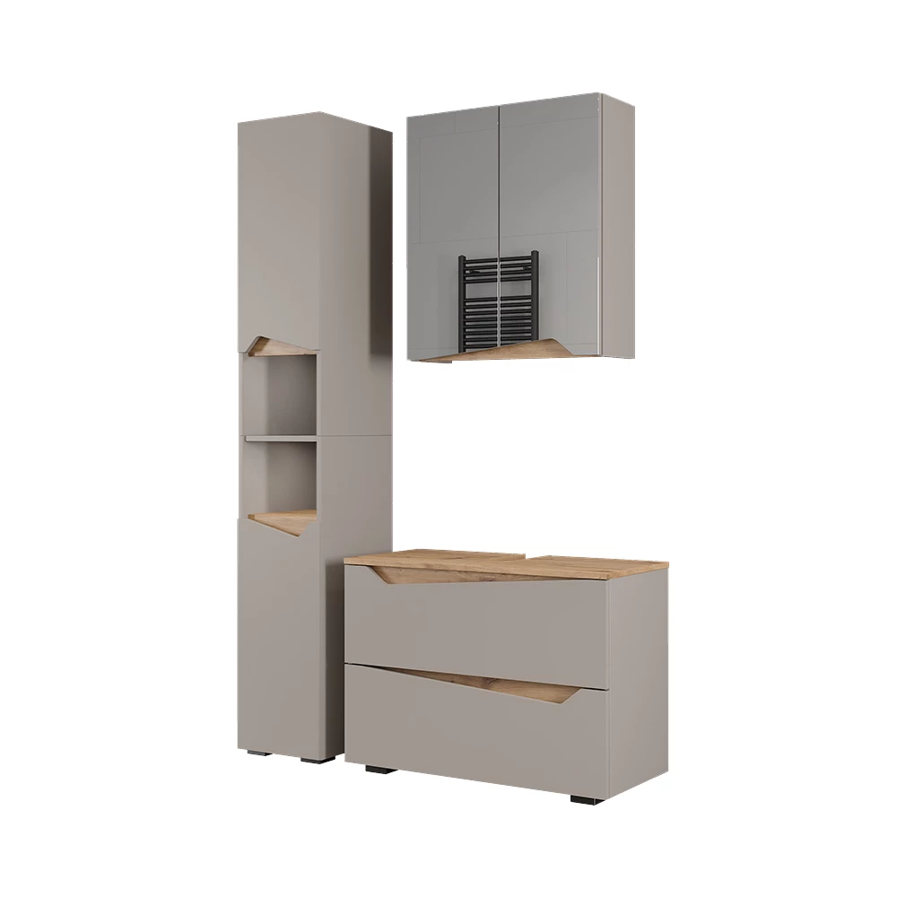 Badmöbel-Set Marelle Greige 3 Teile mit Hochschrank Vicco