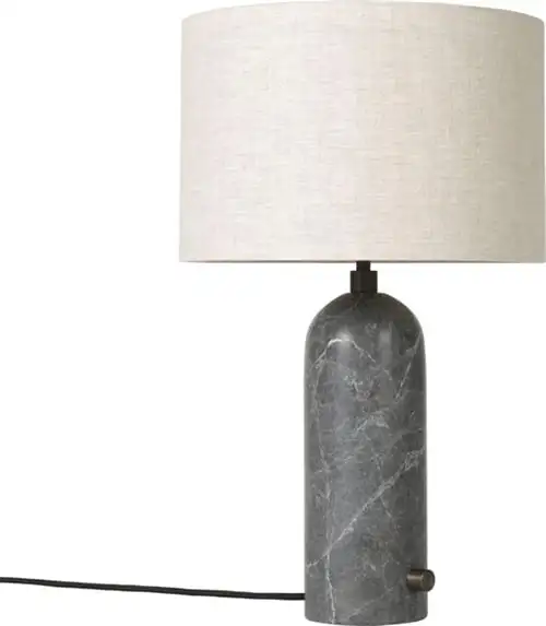 GUBI Gravity Tischlampe klein – grauer Marmorsockel, Sackleinenschirm
