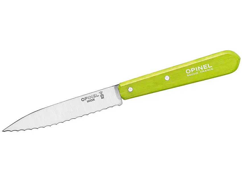 Opinel Küchenmesser No. 113, rostfreier Sandvik-Stahl, Sägezahnung, hellgrüner Buchenholzgriff