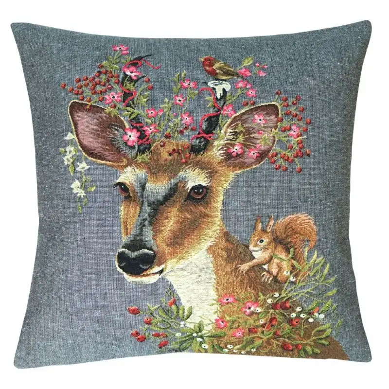 Kissenhülle Gobelin Rehbock und Eichhörnchen