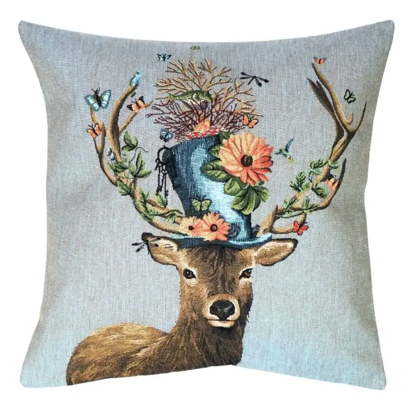Kissenhülle Gobelin Hirsch mit blauem Zylinder