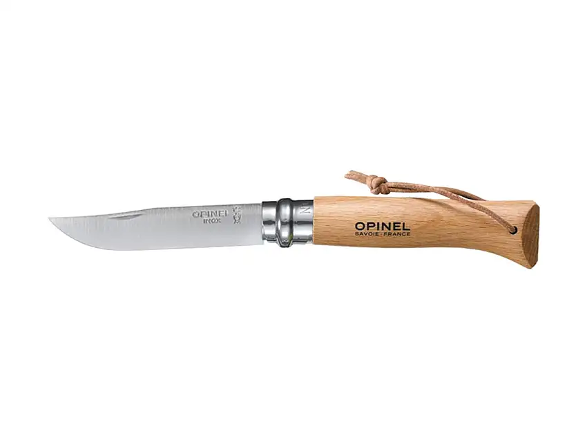 Opinel-Messer Nr. 7, rostfreier Sandvik-Stahl 12C27, Buchenholzgriff, Lederriemen, Virobloc-System