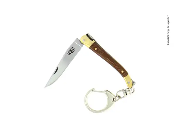 Couteau pliant 7cm en tissu compressé chocolat avec porte-clé, mitres laiton finition brillante