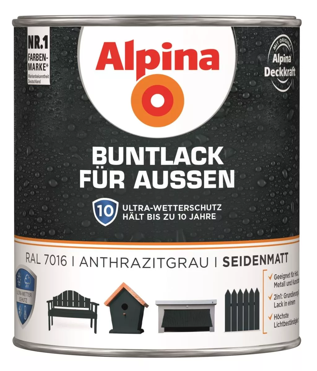 Alpina Buntlack für Außen Anthrazitgrau (RAL 7016) seidenmatt 750 ml