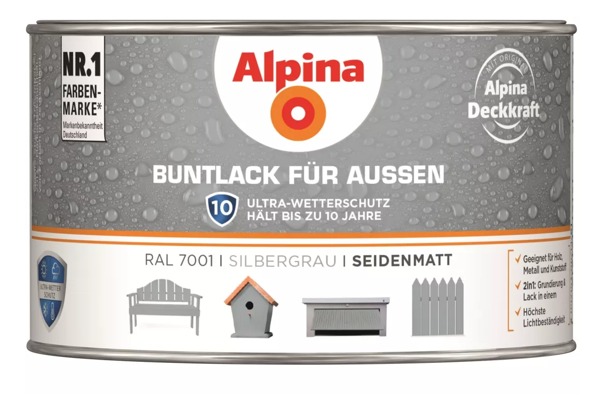 Alpina Buntlack für Außen Silbergrau (RAL 7001) seidenmatt 300 ml
