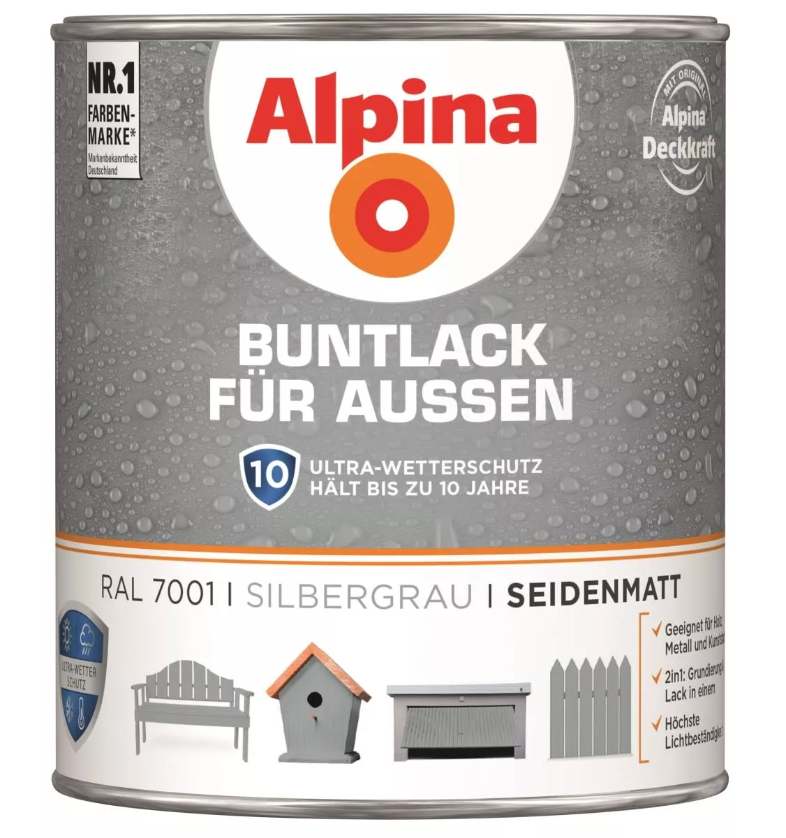 Alpina Buntlack für Außen Silbergrau (RAL 7001) seidenmatt 750 ml