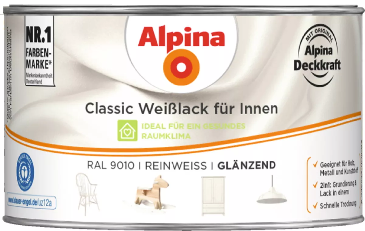 Alpina Classic Weißlack für Innen Reinweiß (RAL 9010) seidenmatt 300 ml