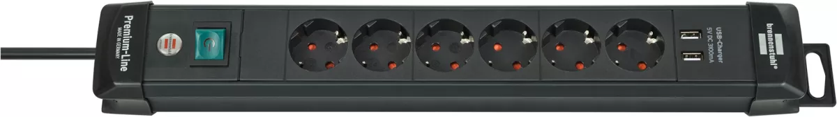 Brennenstuhl Premium-Line Steckdosenleiste 6-fach mit Schalter (3m Kabel, 2-fach USB 3,1 A) schwarz