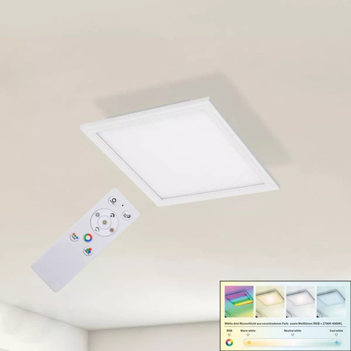 Briloner COLOUR Ultraflaches RGB CCT LED Panel mit Fernbedienung Kunststoff-Metall weiß 295x295x50mm