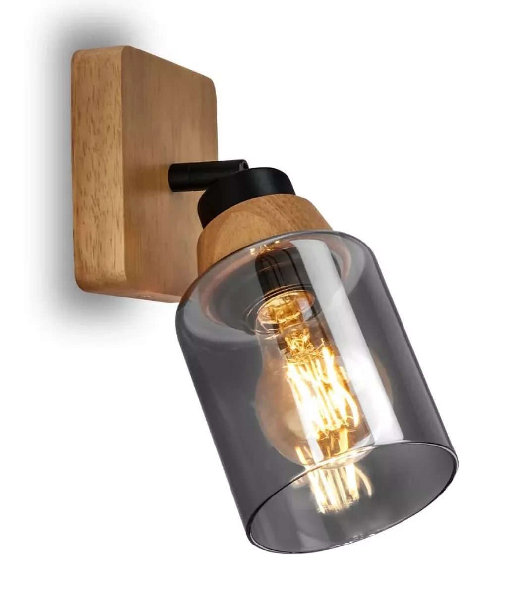 Briloner Spotleuchte ROYK mit Holz Rauchglas 1xE27 max.10W