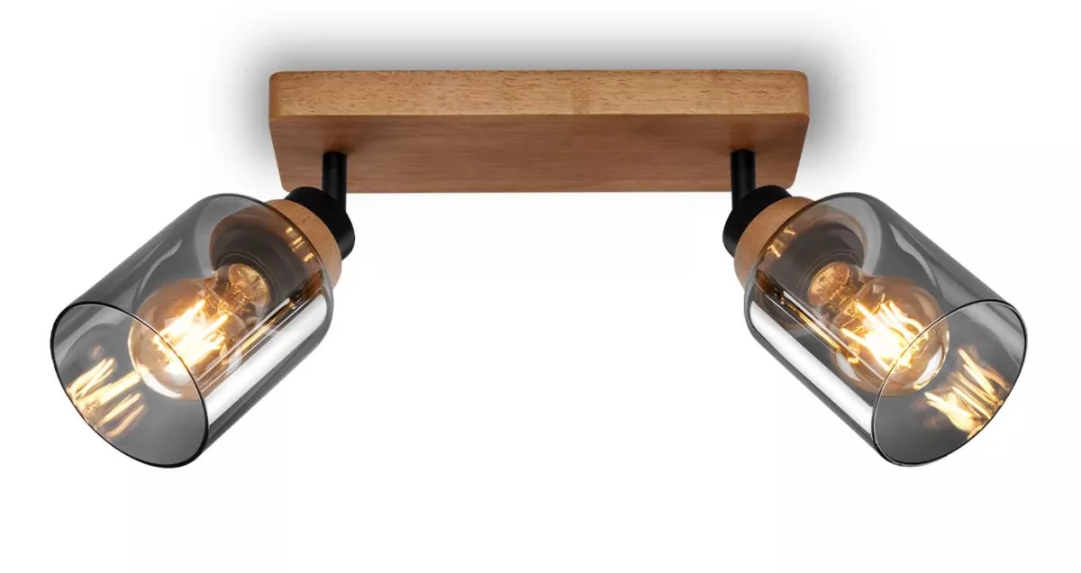 Briloner Spotleuchte ROYK mit Holz Rauchglas 2xE27 max.10W