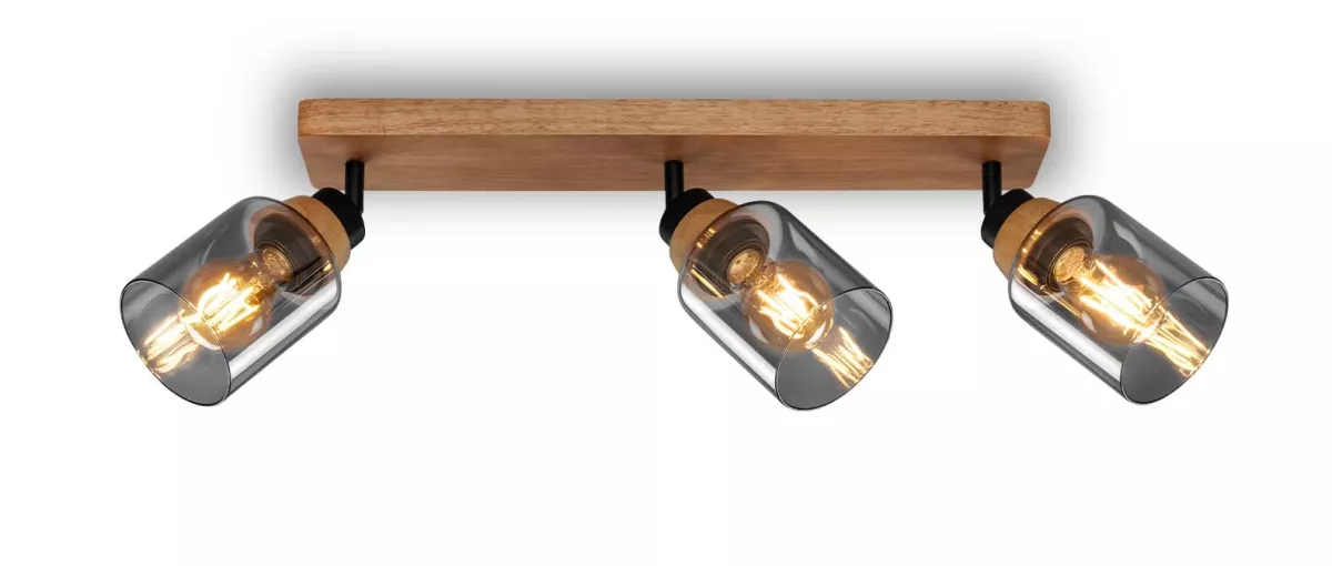 Briloner Spotleuchte ROYK mit Holz Rauchglas 3xE27 max.10W