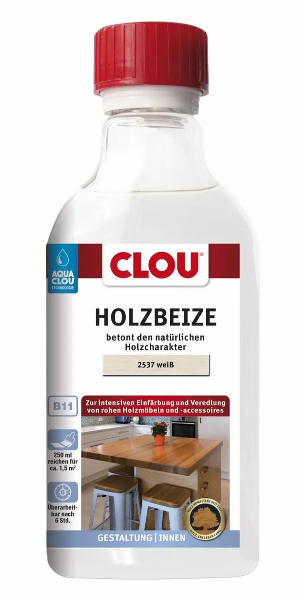 Clou Aqua-Holzbeize Wasserverdünnbar B11 weiss für die Einfärbung aller Hart- und Weichhölzer 250 ml