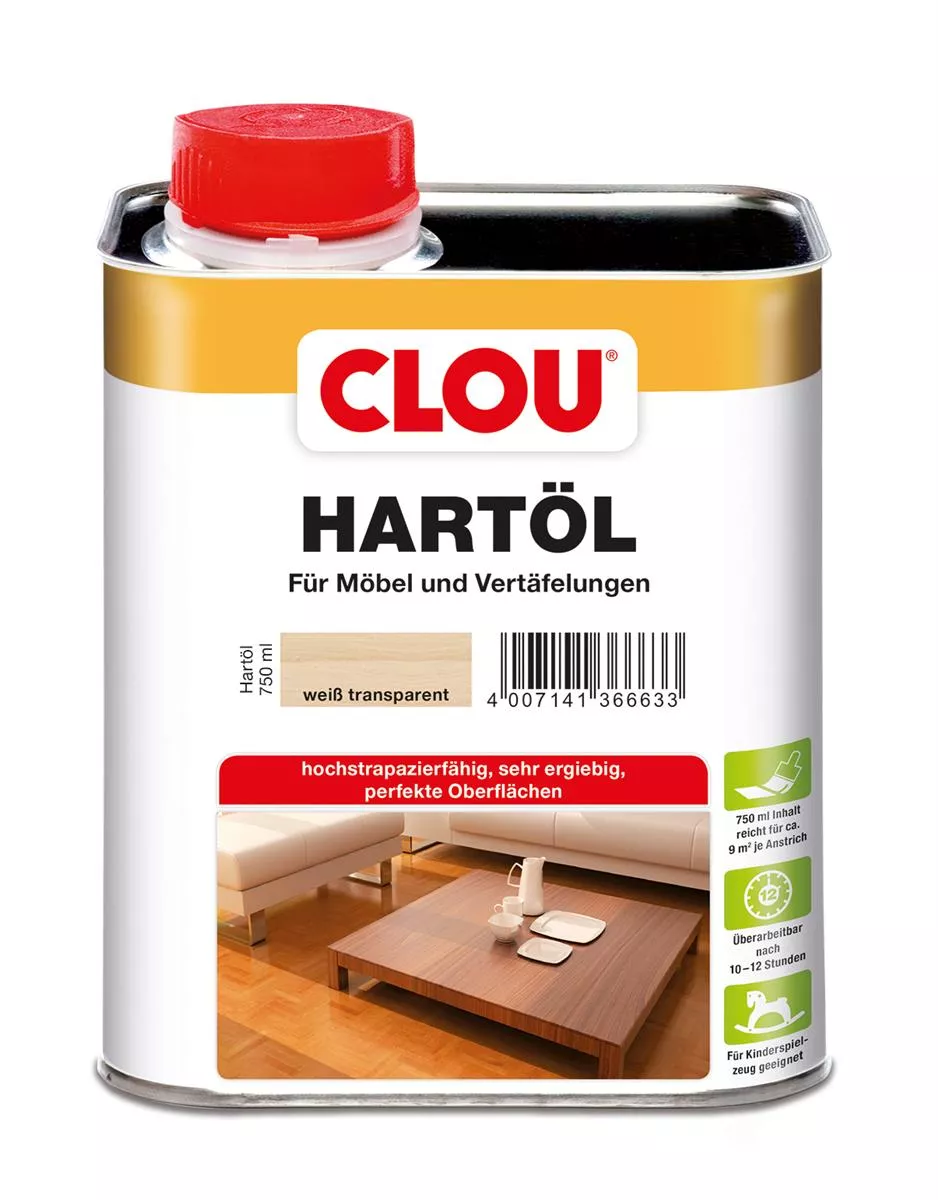 Clou Hartöl Arbeitsplatten-Öl Möbel-Öl Treppenöl weiß transparent 750 ml