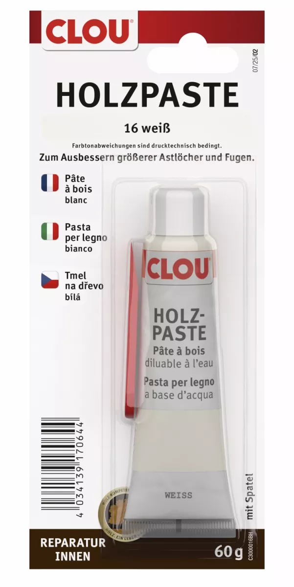 Clou Holzpaste weiss zum Reparieren und Auskitten von Holzschäden im gesamten Innenbereich 60 g