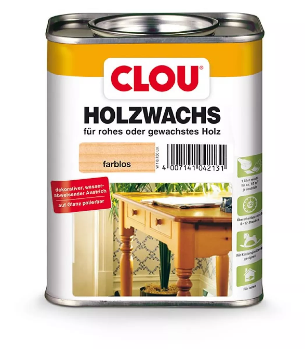 Clou HolzWachs W 1 farblos Wasserabweisendes und auf Glanz polierbares Holzwachs für rohes oder gewachstes Holz 750 ml