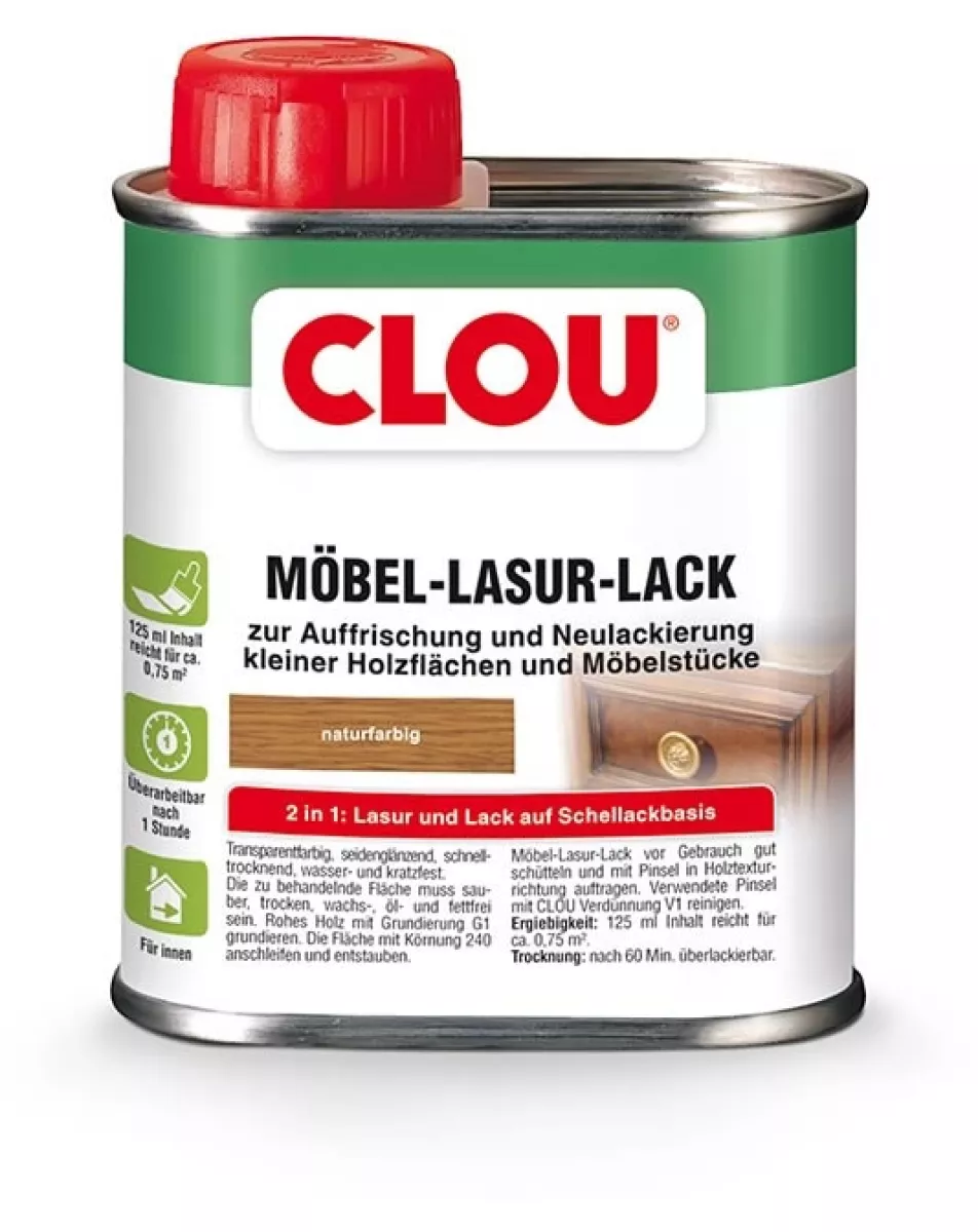 Clou Möbel-Lasur-Lack L4 Naturfarbig 2 in 1: Lasur und Lack zur Auffrischung und Neulackierung 125 ml