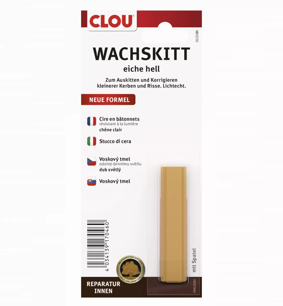 Clou Wachskitt-Stange Eiche hell zum Reparieren und Auskitten von Holzschäden