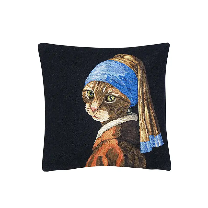 Kissenhülle Gobelin 33 x 33 Motiv Katze mit Perlenohrring