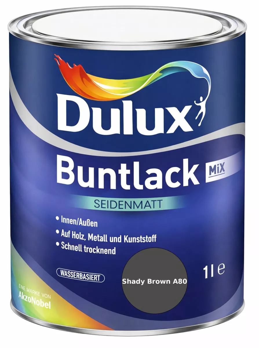 Dulux Buntlack Seidenmatt wasserbasiert Shady Brown A80 Wunschfarbton 1 L