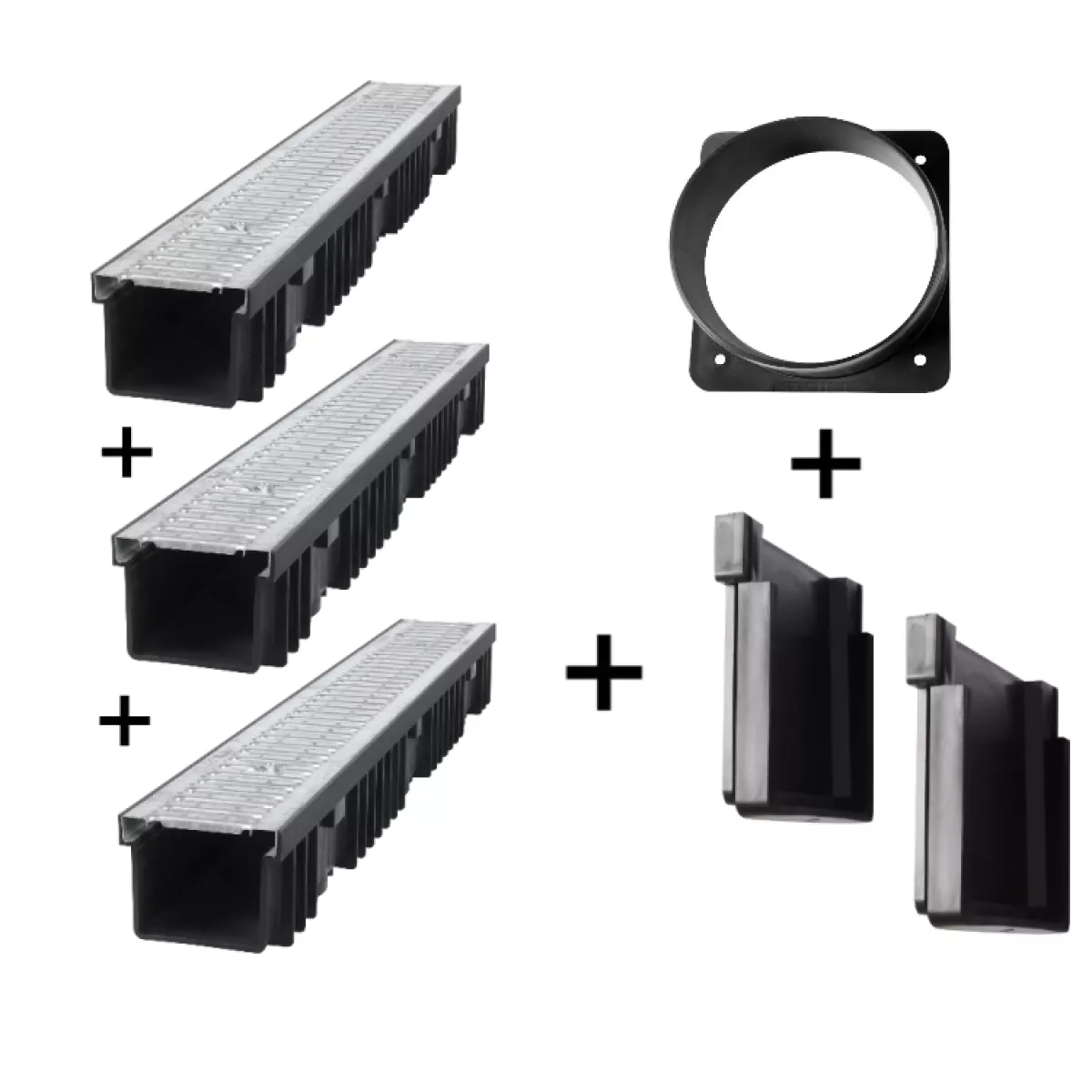 Foxonova Entwässerungsrinne Kunststoff Stahl verzinkt Klasse 1,5t 3x1m 10,5cm 3er Set + Zubehör