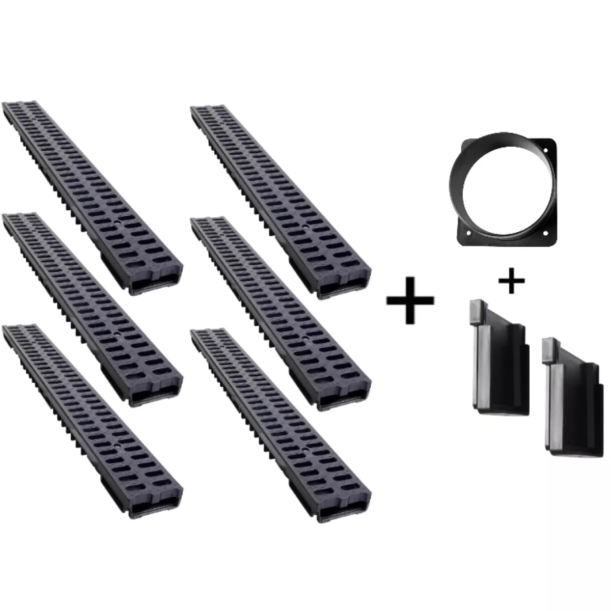 Foxonova Entwässerungsrinne Kunststoff Klasse 1,5t 6x1m 5,5cm 6er Set + Zubehör