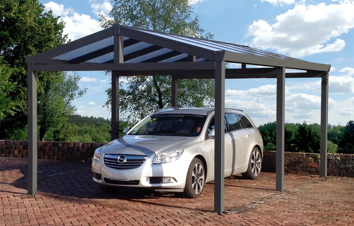 Gardendreams Einzel Satteldach-Carport 368 cm Breite mit 16 mm Polycarbonateindeckung für 1 Fahrzeug