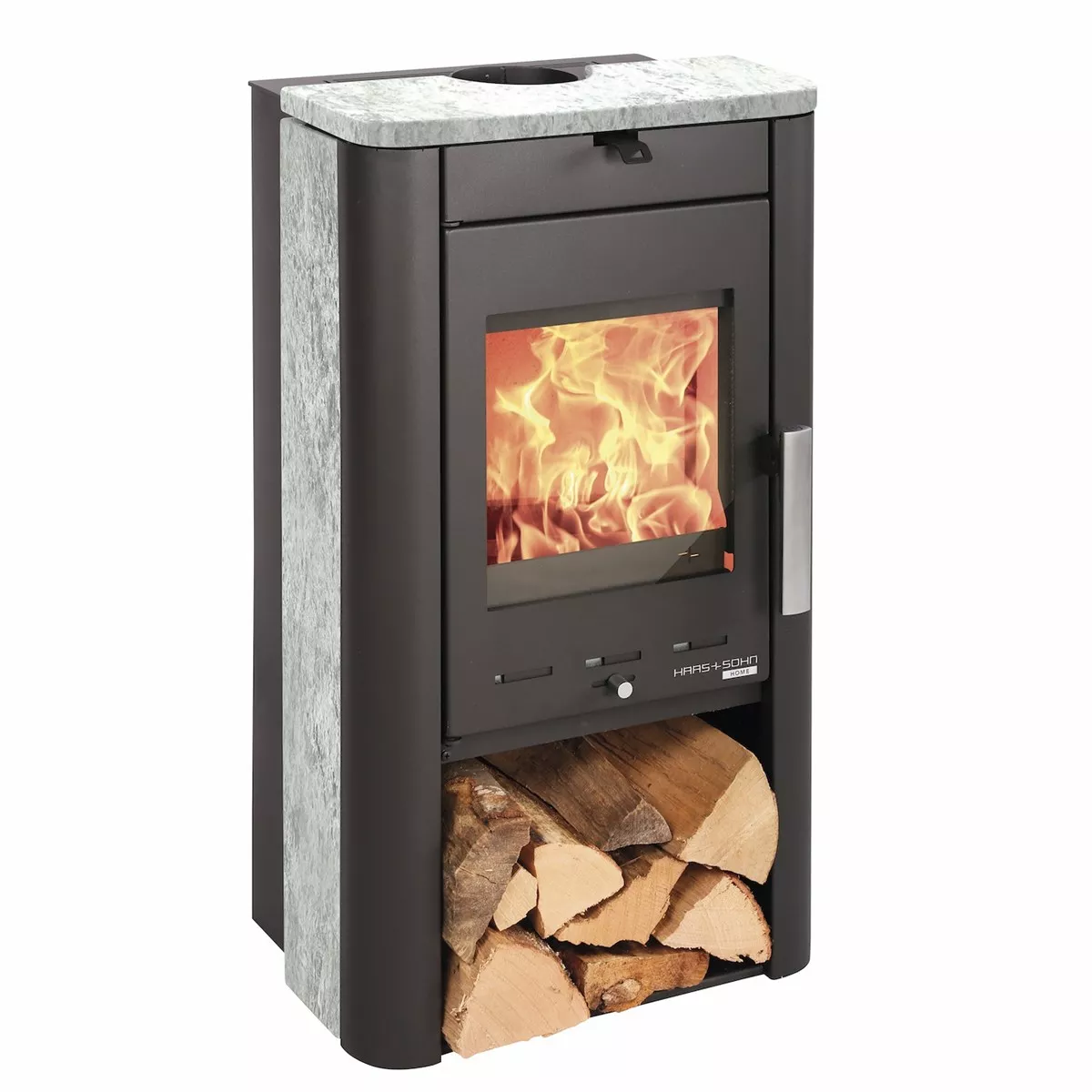 Haas+Sohn Kaminofen PRUNUS II tief-schwarz Serpentino mit Holzfach 6,4 kW
