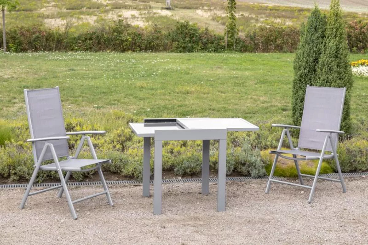 Merxx 3-teilig Amalfi Set 2 Amalfi Klappsessel 1 Balkonausziehtisch 65 (130) x 65 cm graue Glasplatte diamantbraun