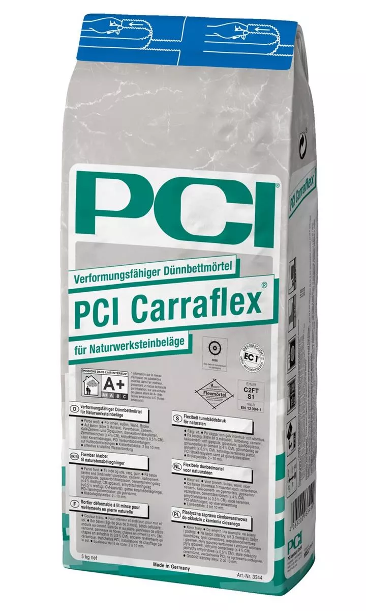 PCI Carraflex Verformungsfähiger Dünnbettmörtel für Naturwerksteinbeläge Zement Mörtel weiß 5 Kg