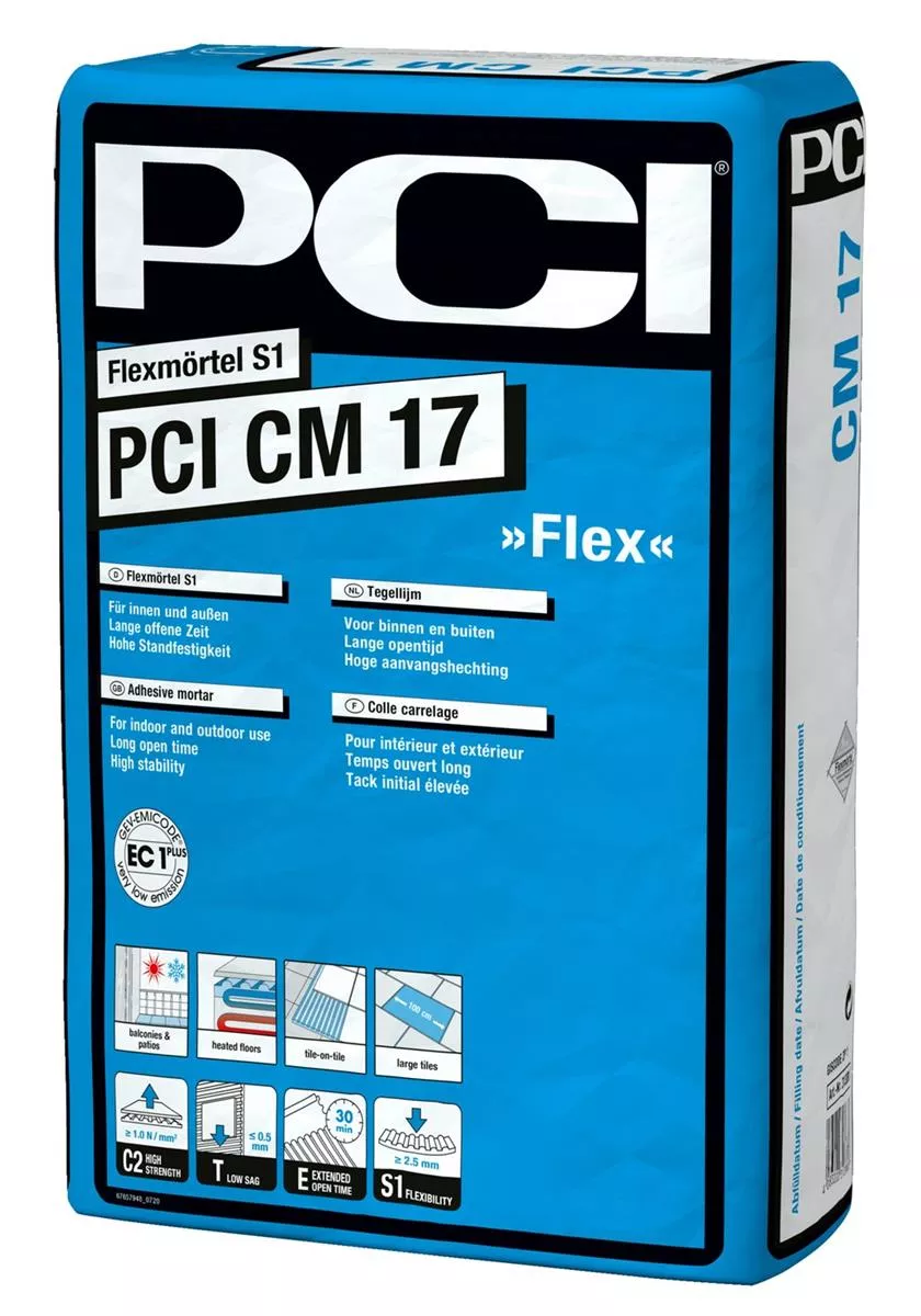 PCI CM 17 flexibler Klebemörtel zur Verlegung keramischer Fliesen und Platten S1 Dünnbettmörtel 25 kg