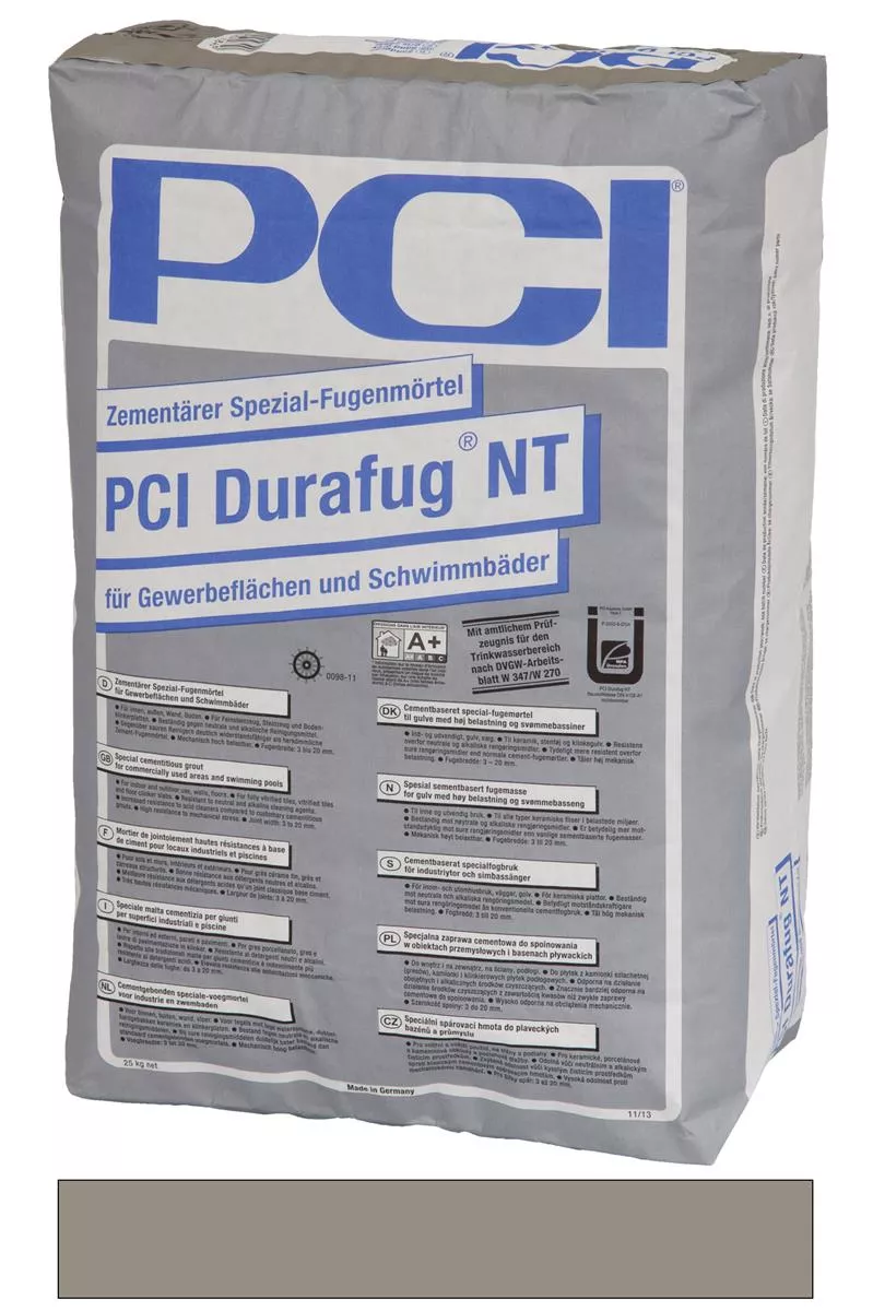 PCI Durafug NT Zementärer Spezial-Fugenmörtel für Gewerbeflächen, Schwimmbäder und Trinkwasserbehälter zementgrau 25 kg
