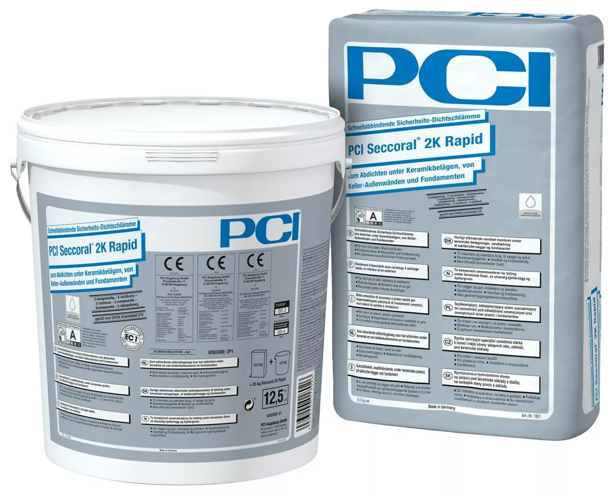 PCI Seccoral 2K Rapid Schnellabbindende Sicherheits-Dichtschlämme zum Abdichten unter Keramikbelägen, von Keller-Außenwänden und Fundamenten 25 kg
