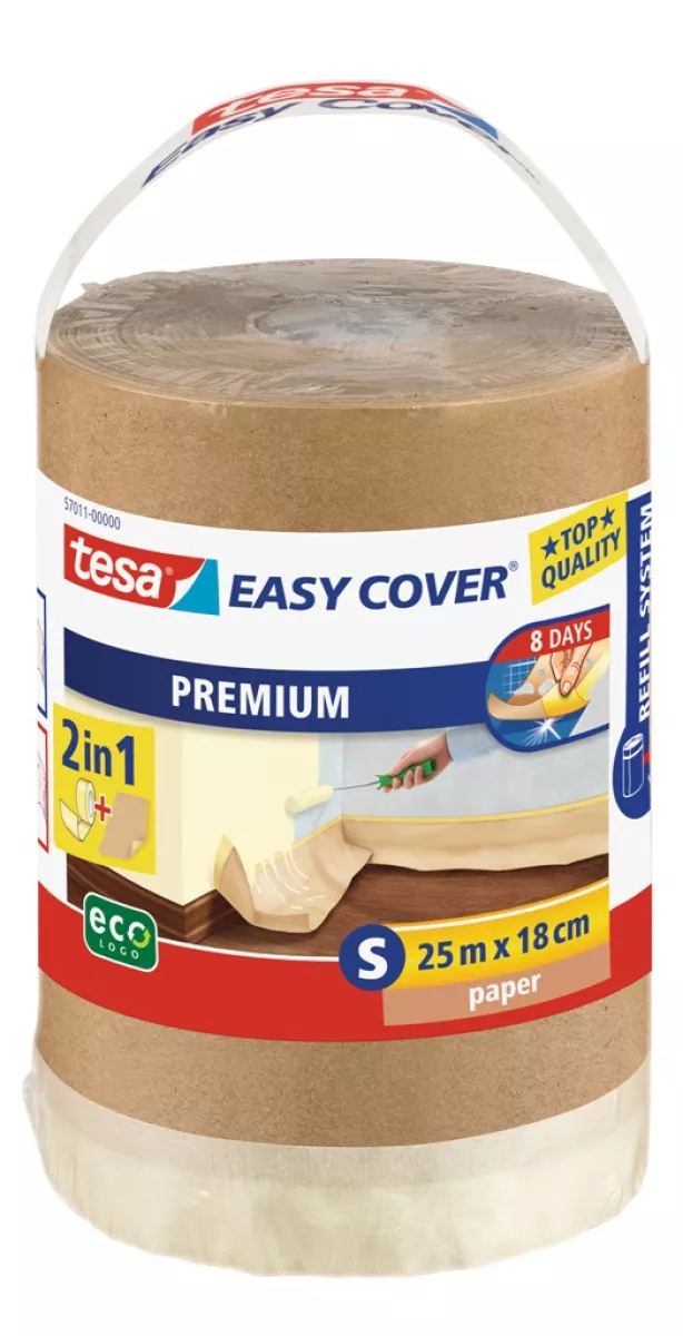 tesa Abdeckpapier mit Malerband (2 in 1) NACHFÜLLROLLE 25 m x 18 cm (Größe S) Malerkrepp