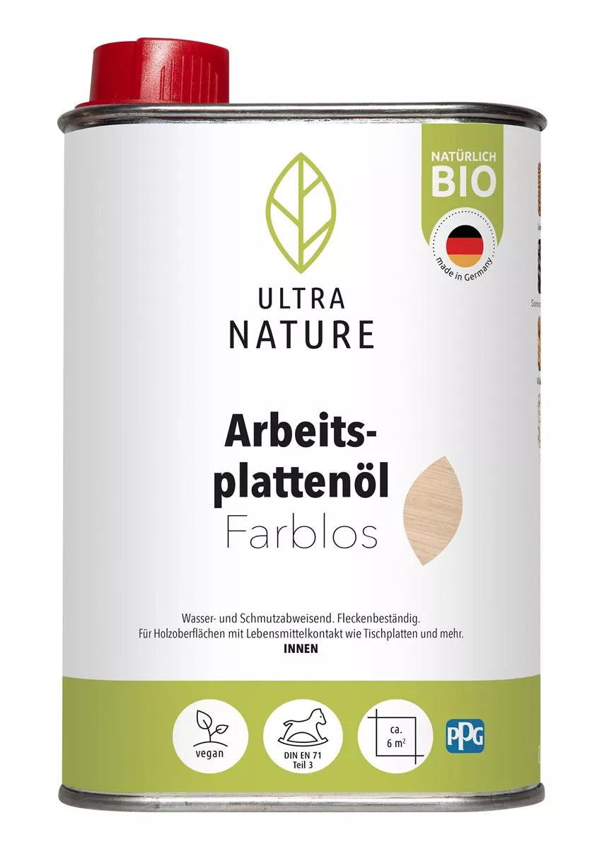Ultra Nature Arbeitsplattenöl 0,25 L - Farblos - für Holzoberflächen mit Lebensmittelkontakt und anderen Oberflächen im Innenbereich