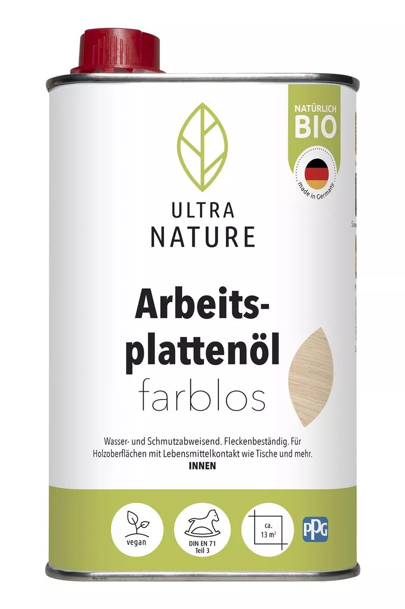 Ultra Nature Arbeitsplattenöl 0,5 L - Farblos - für Holzoberflächen mit Lebensmittelkontakt und anderen Oberflächen im Innenbereich