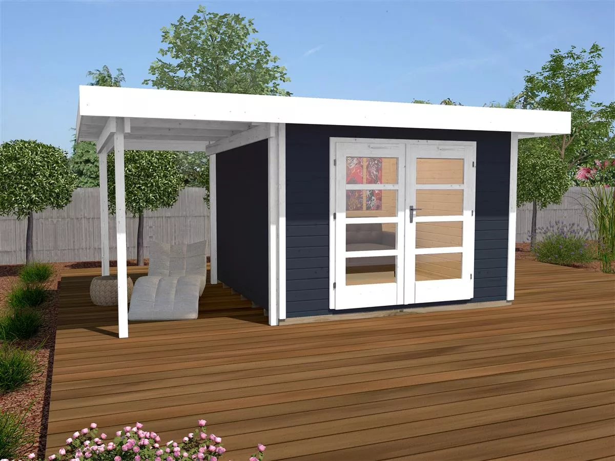 Weka Gartenhaus Designhaus 126 A Gr.3 anthrazit 28 mm Blockbohlenstärke mit Doppeltür und Anbau 445x300 cm