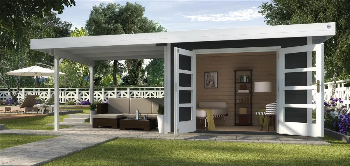 Weka Gartenhaus Designhaus 126 B Gr.2 anthrazit 28 mm Blockbohlenstärke mit Doppeltür und Anbau 590x240 cm