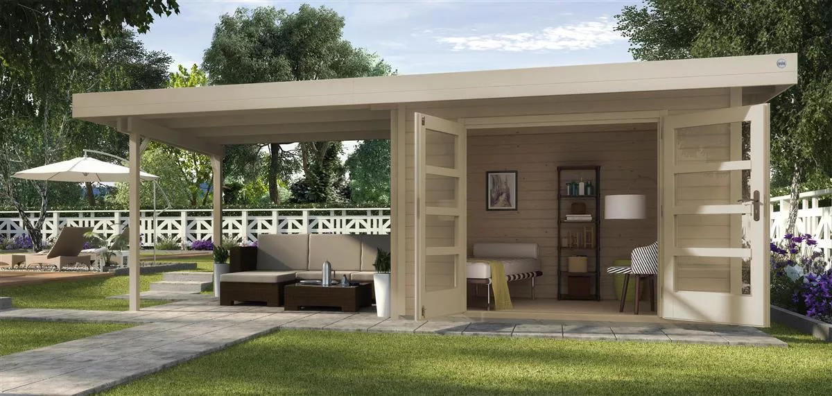 Weka Gartenhaus Designhaus 126 B Gr.2 naturbelassen 28 mm Blockbohlenstärke mit Doppeltür und Anbau 590x240 cm