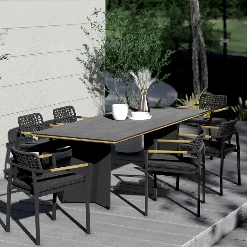 Zebra Tisch Ajax 230x100 cm Stahl pulverbeschichtet graphite mit 6x Yobex Stapelsessel Rope
