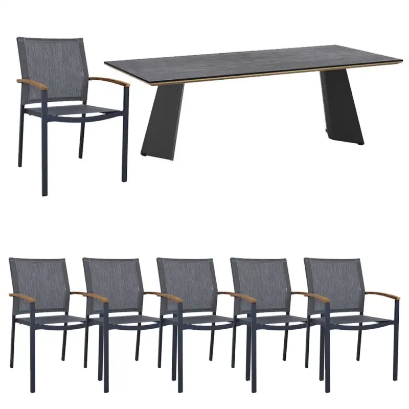 Zebra Tisch Ajax Platte HPL beton auf teak mit 6x Alex Stapelsessel Alu graphite
